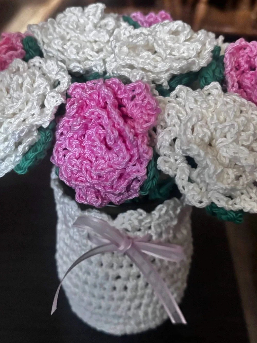 Handmade Pink and White Crochet Flower Vase - Home Accents